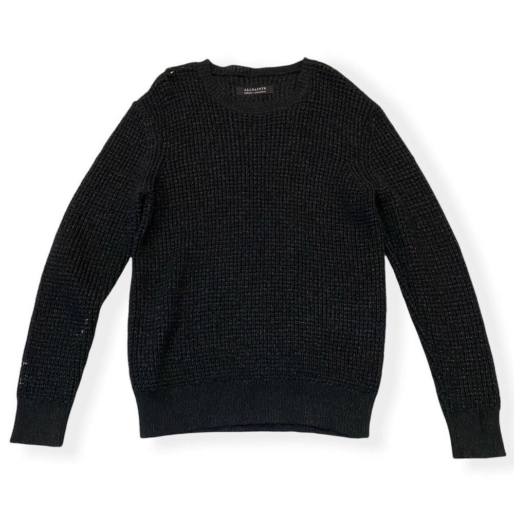 All Saints Kargg Waffle Knit Crew Sweater Black Marl Medium